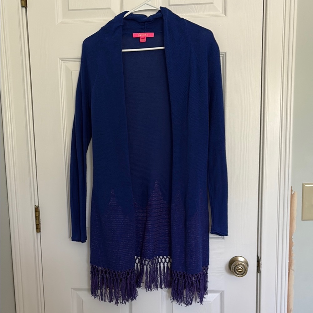 Lilly Pulitzer Blue Tatum Cardigan with Fringe